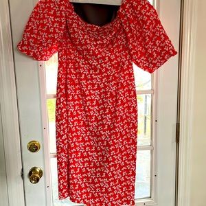 Chelsea 28 off the shoulder puff sleeve red floral cocktail dress